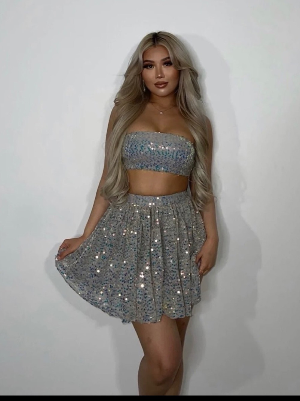 Silver Sequin Mini Skirt Set - Sparkle High-Waist Women's Skirt and Crop Top